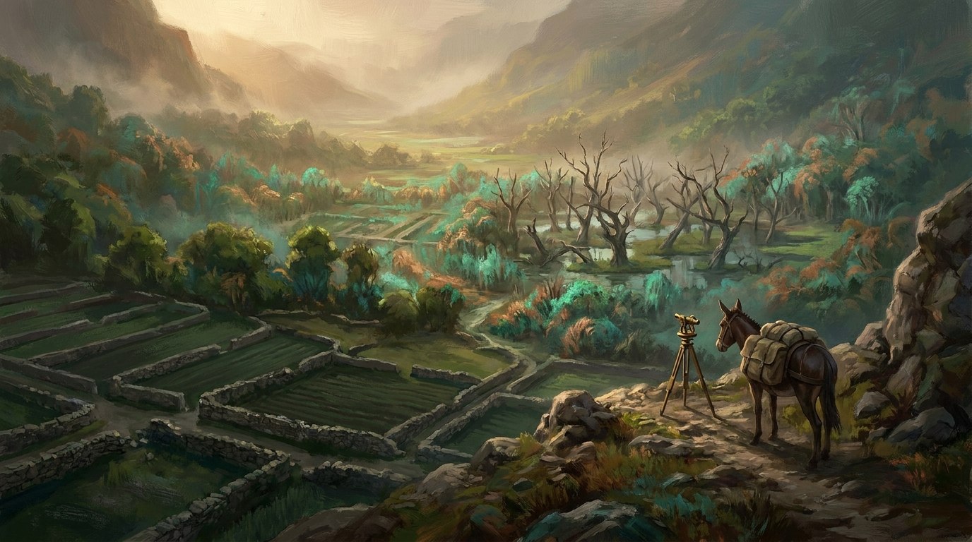 A surveyor's theodolite and a pack mule overlook the Moss Valley: stone terraces, drowned trees, and teal verdigris growth under morning haze
